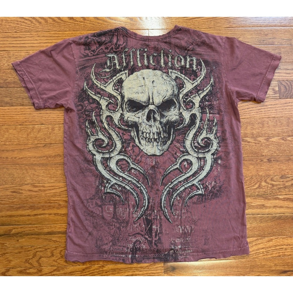 Affliction Graphic Shirt Mens Medium Burgundy Skull Fleur De Lis Y2K Goth MMA